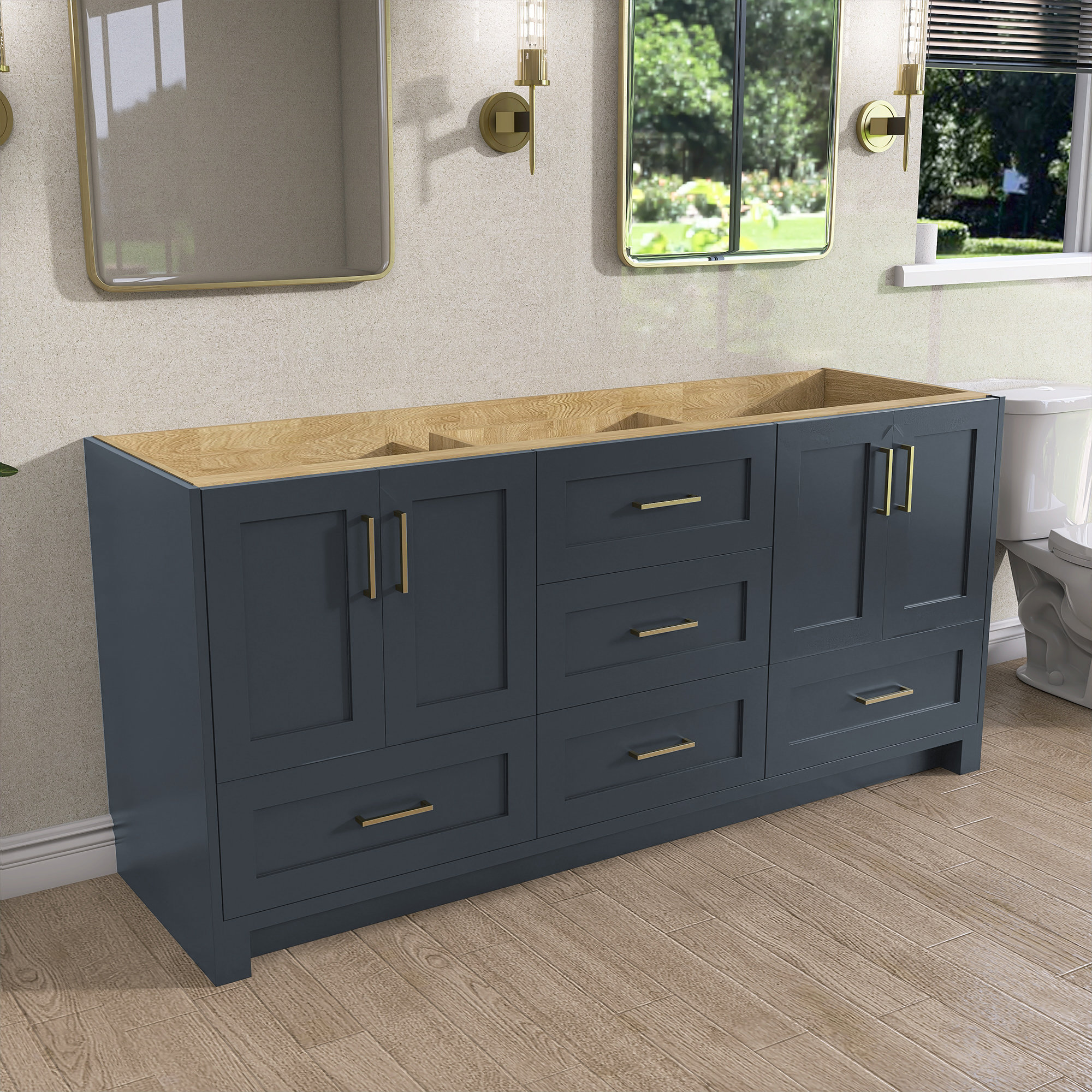 ZEAFIVE Solid Wood 72" Double Bathroom Vanity Base Only In Navy Blue ...